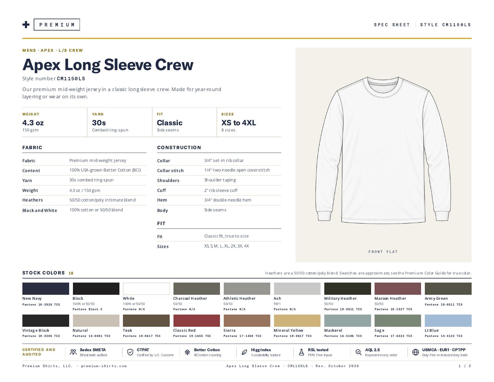 Apex Long Sleeve Crew CM1150LS spec sheet, page 1