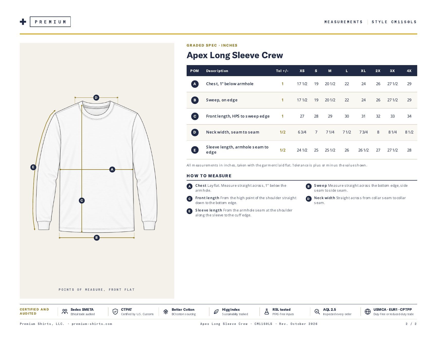 Apex Long Sleeve Crew CM1150LS spec sheet, page 2
