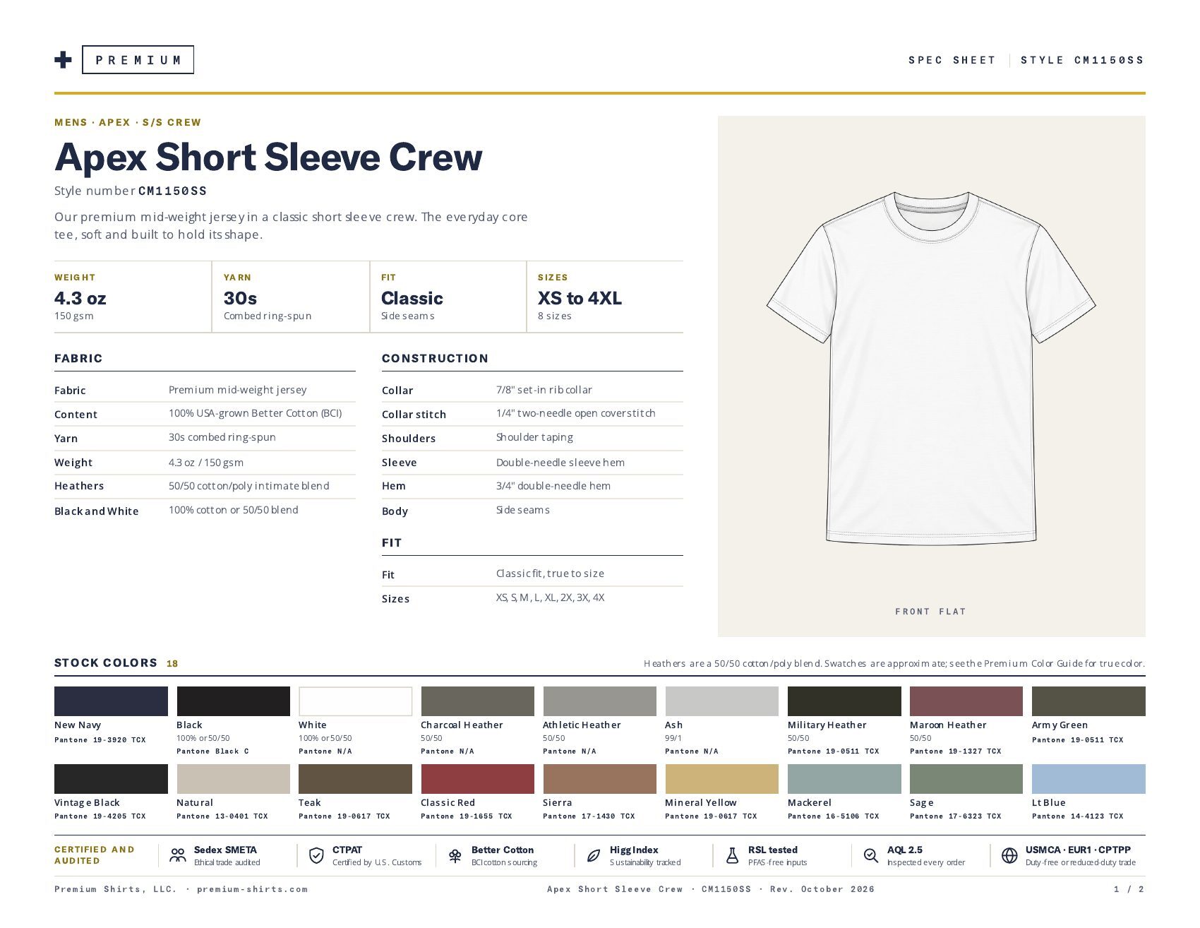 Apex Short Sleeve Crew CM1150SS spec sheet, page 1