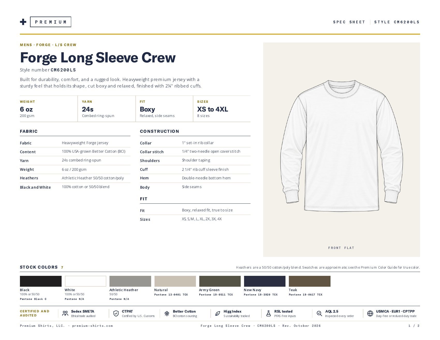 Forge Long Sleeve Crew CM6200LS spec sheet, page 1