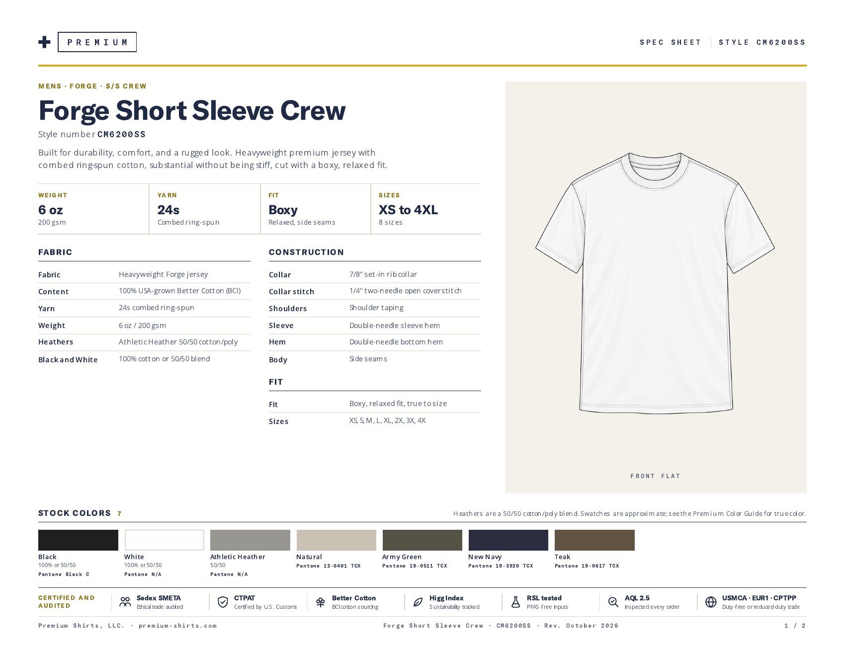Forge Short Sleeve Crew CM6200SS spec sheet, page 1