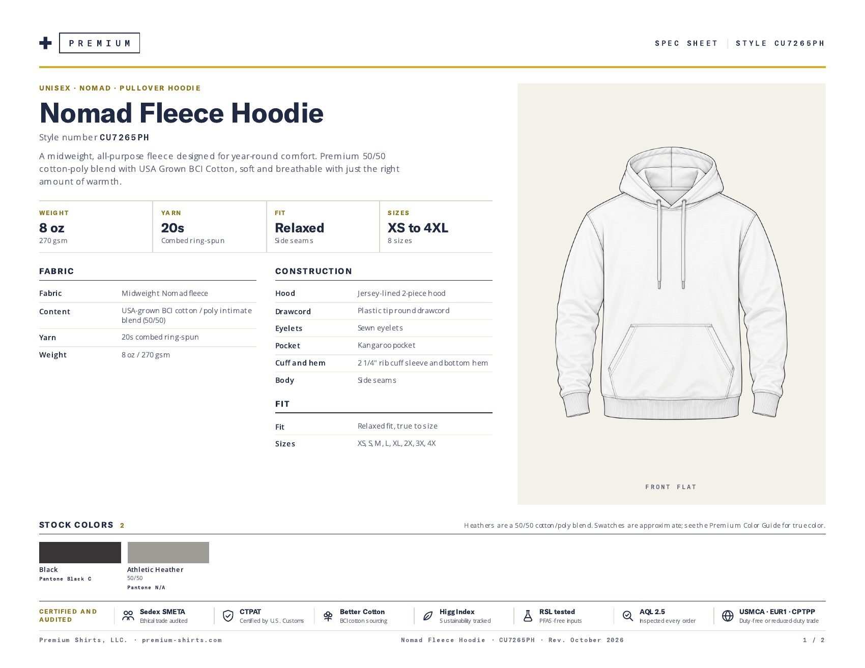 Nomad Fleece Hoodie CU7265PH spec sheet, page 1