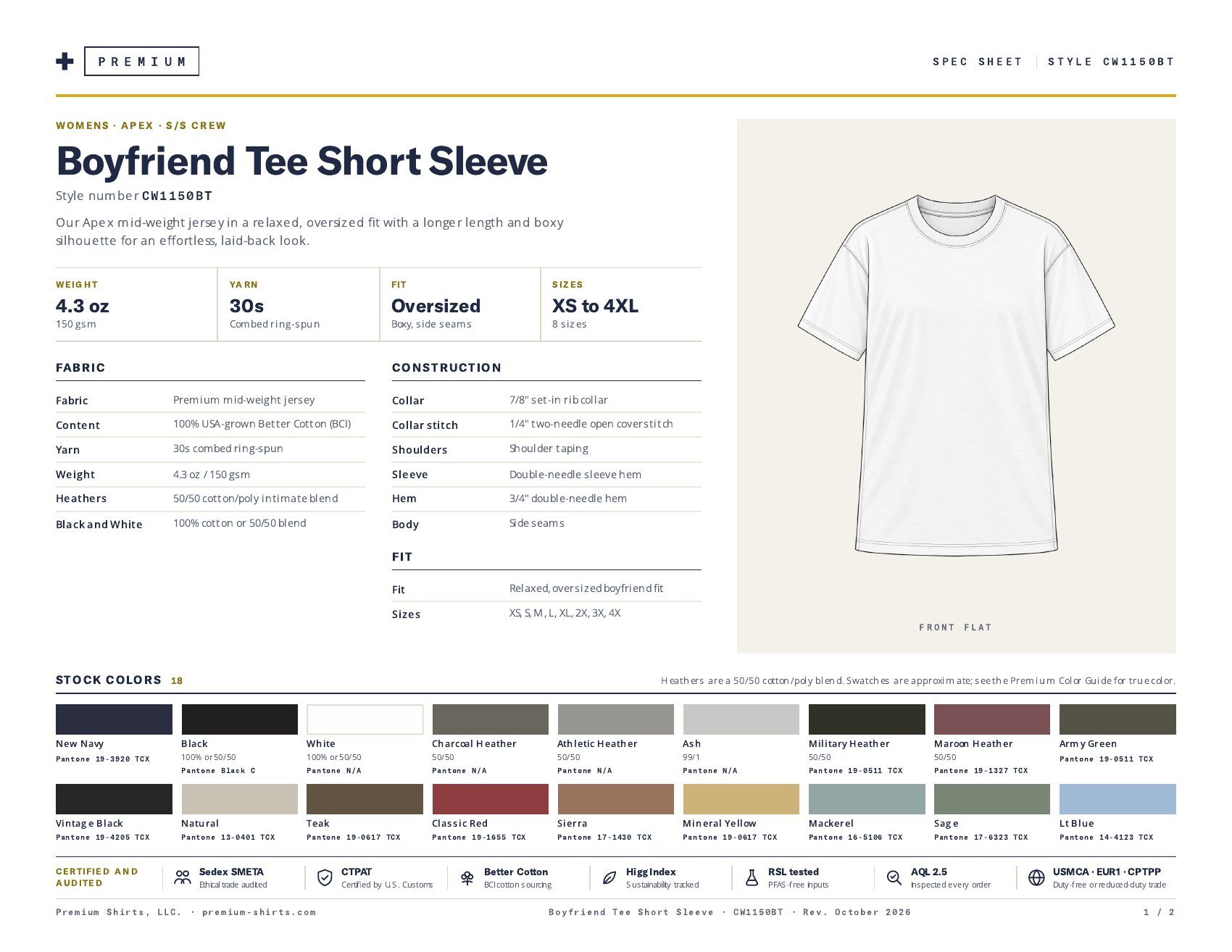 Boyfriend Tee Short Sleeve CW1150BT spec sheet, page 1