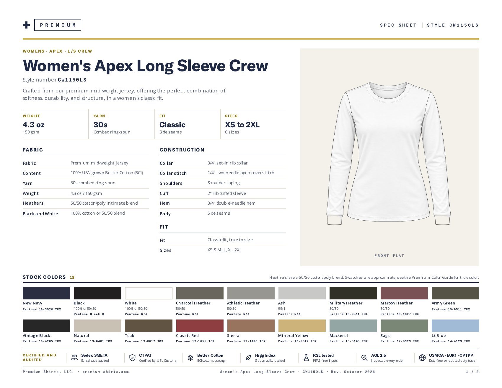 Women's Apex Long Sleeve Crew CW1150LS spec sheet, page 1