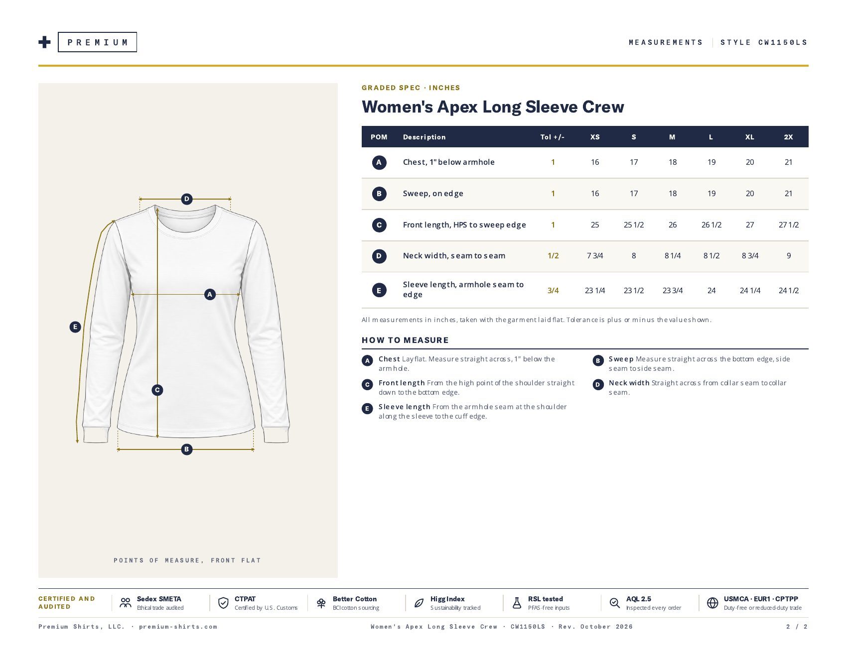 Women's Apex Long Sleeve Crew CW1150LS spec sheet, page 2