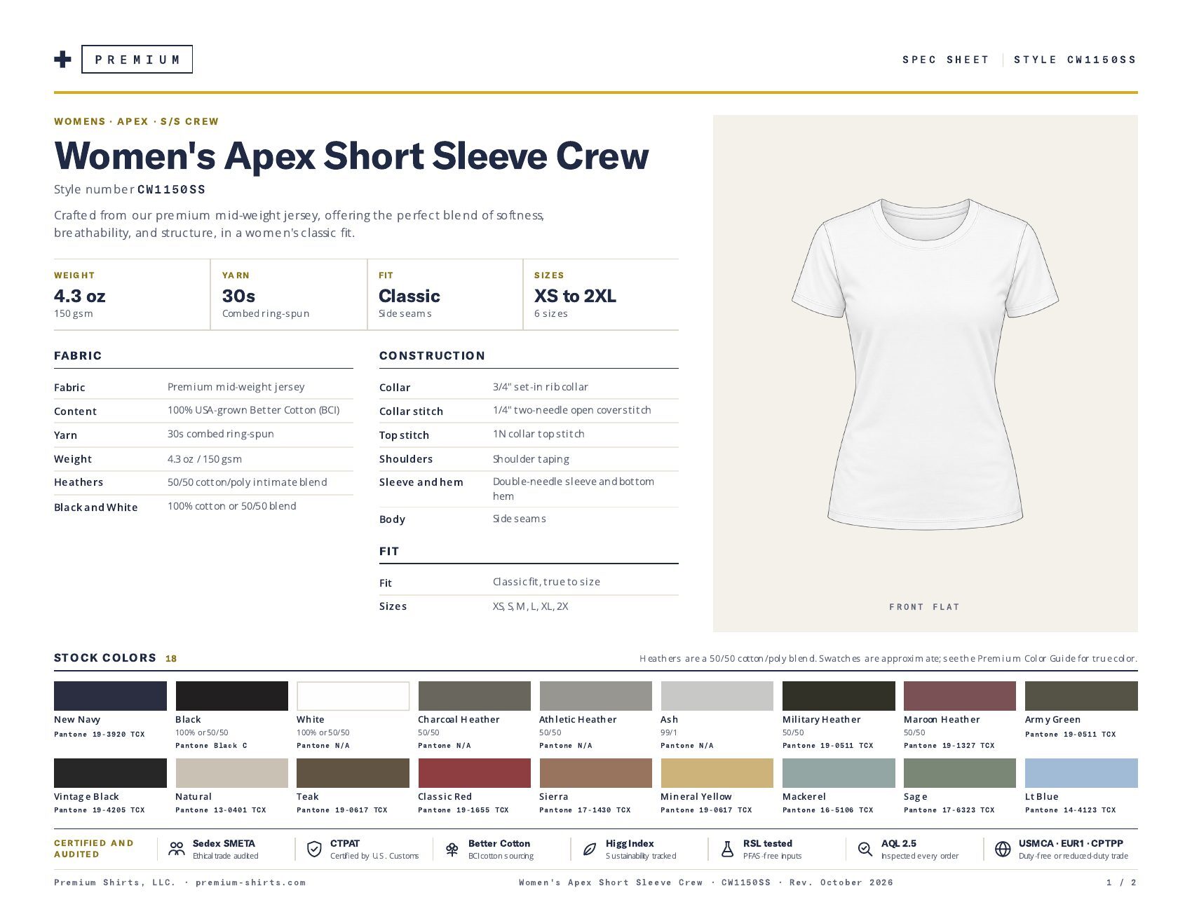 Women's Apex Short Sleeve Crew CW1150SS spec sheet, page 1