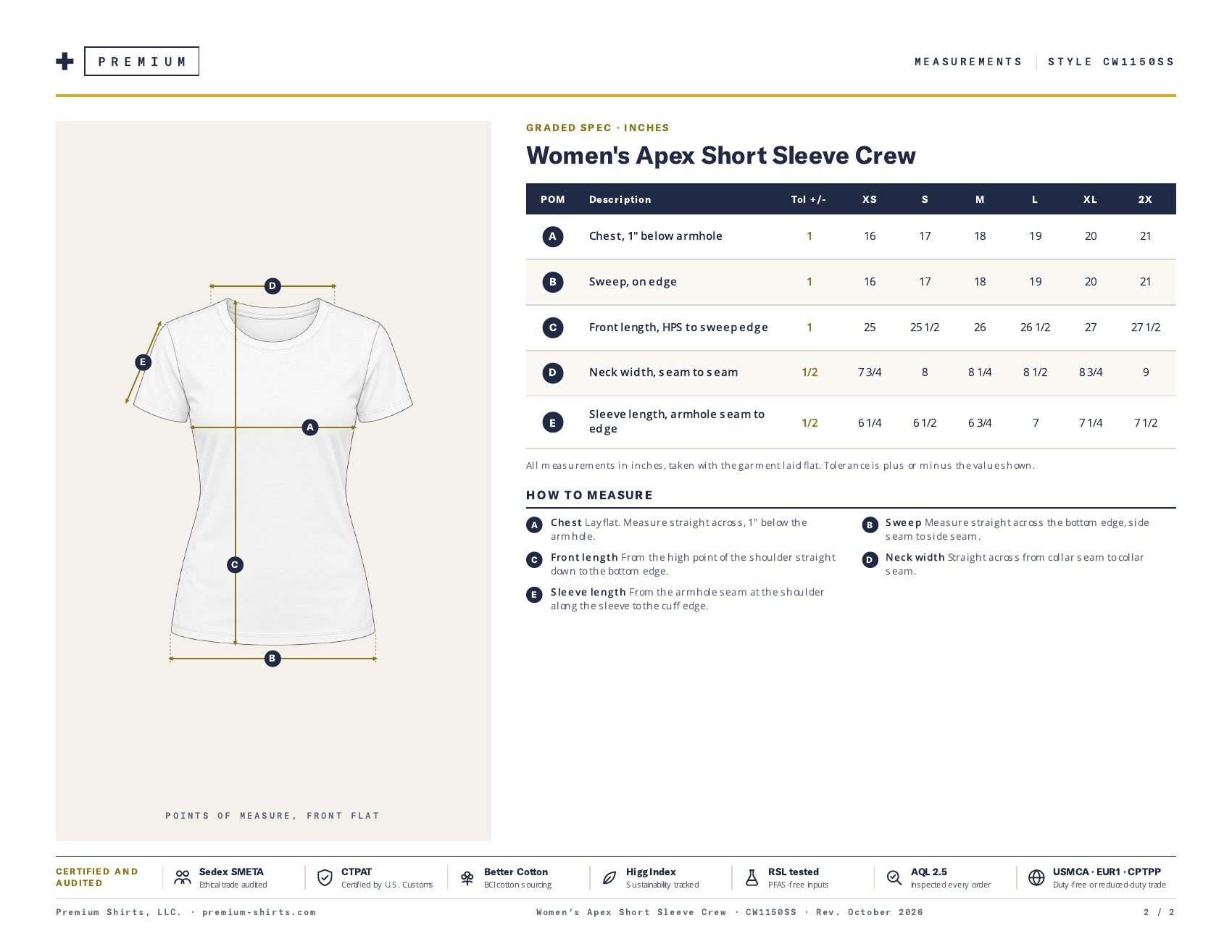 Women's Apex Short Sleeve Crew CW1150SS spec sheet, page 2
