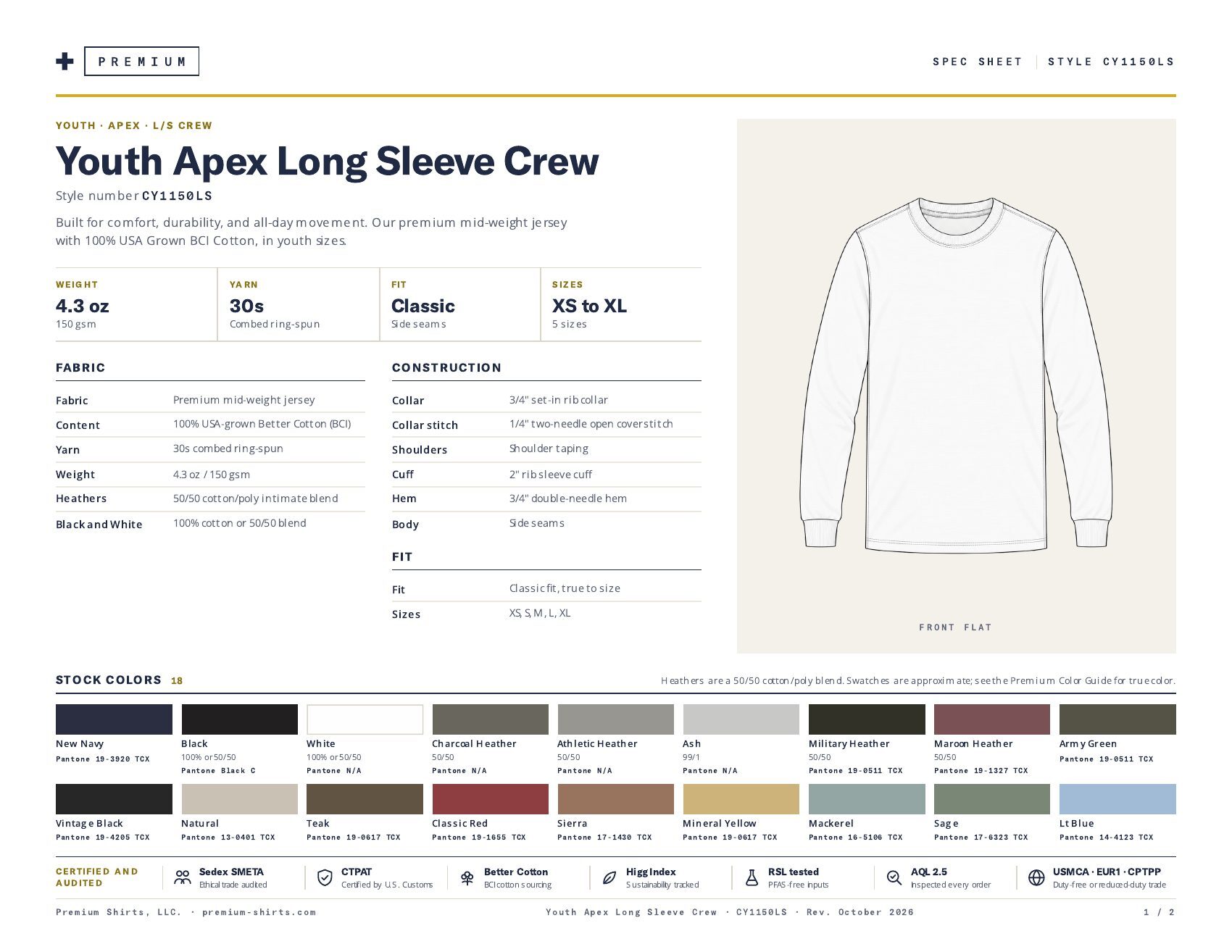 Youth Apex Long Sleeve Crew CY1150LS spec sheet, page 1