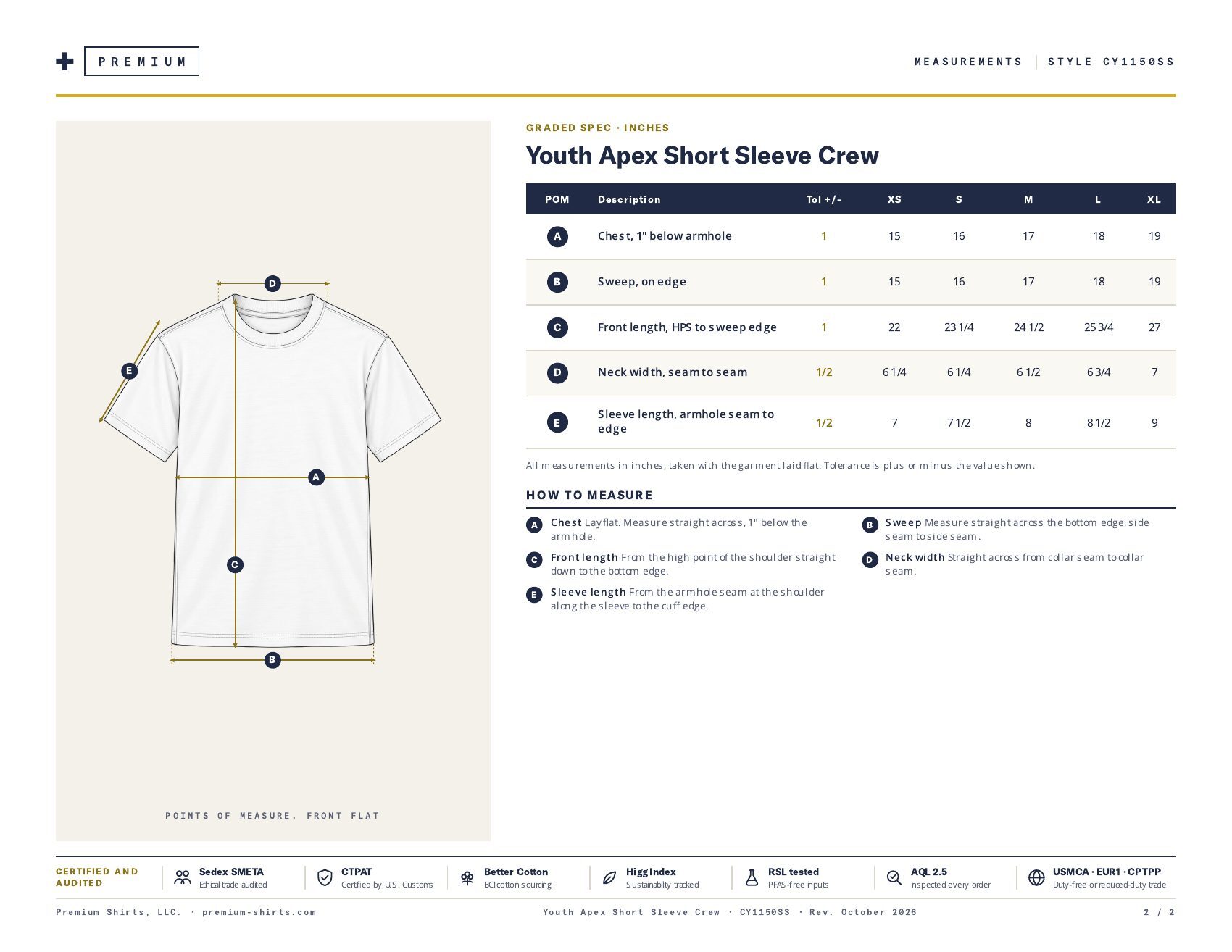 Youth Apex Short Sleeve Crew CY1150SS spec sheet, page 2
